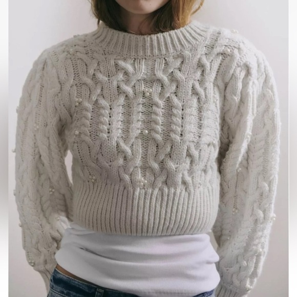 Zara CABLE KNIT CROP PEARL SWEATER size Large - Picture 7 of 15